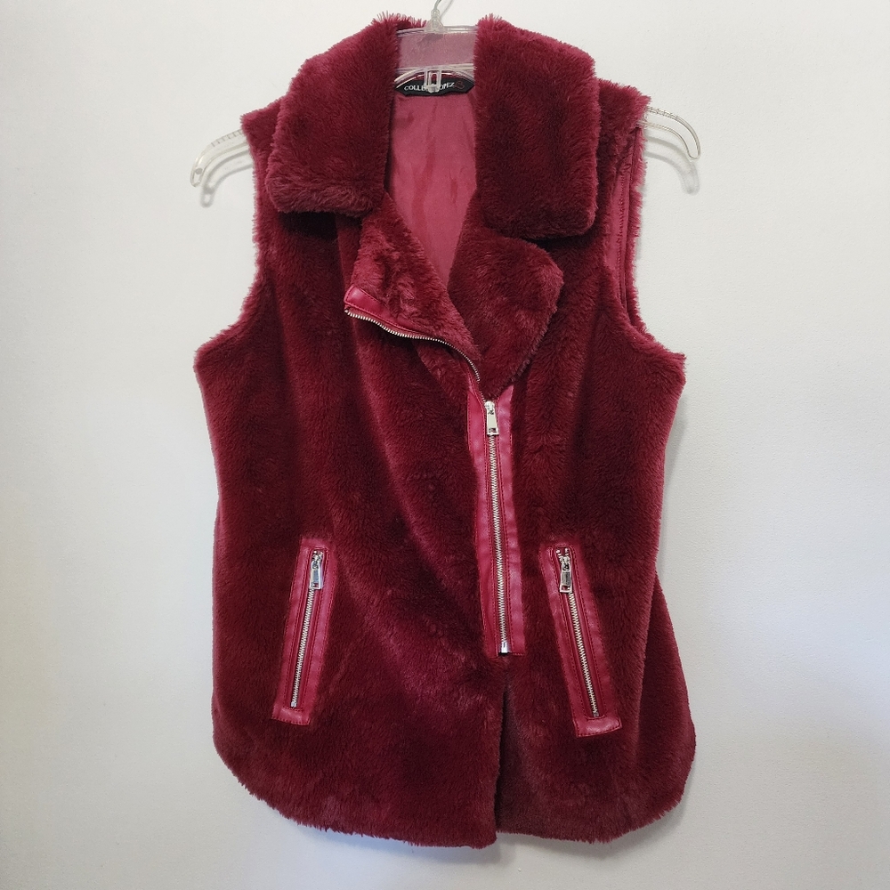 Colleen Lopez burgandy faux fur moto‎ full zip vest